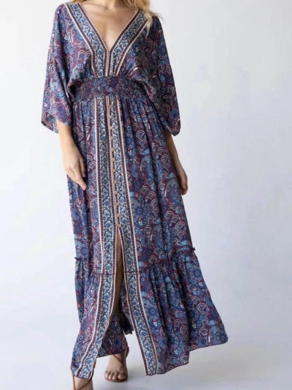 Natural Life Paisley Print Boho Cecilia  dress— Blue & Burgundy